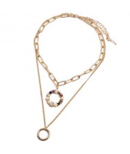 Crystal Floral Hoop Pendant Dual Layers High Fashion Women Statement Necklace - Purple
