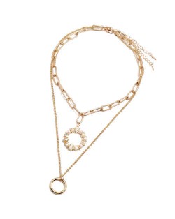 Crystal Floral Hoop Pendant Dual Layers High Fashion Women Statement Necklace - Pinky White