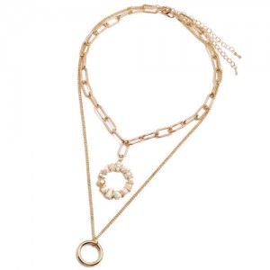 Crystal Floral Hoop Pendant Dual Layers High Fashion Women Statement Necklace - Pinky White