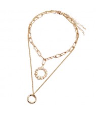 Crystal Floral Hoop Pendant Dual Layers High Fashion Women Statement Necklace - Pinky White