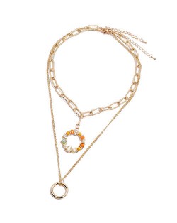 Crystal Floral Hoop Pendant Dual Layers High Fashion Women Statement Necklace - Orange