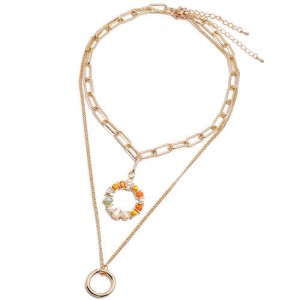 Crystal Floral Hoop Pendant Dual Layers High Fashion Women Statement Necklace - Orange