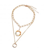 Crystal Floral Hoop Pendant Dual Layers High Fashion Women Statement Necklace - Orange