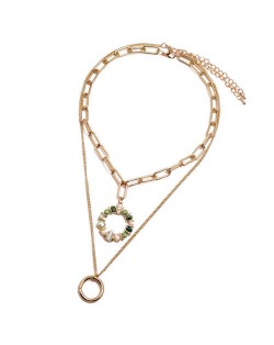 Crystal Floral Hoop Pendant Dual Layers High Fashion Women Statement Necklace - Green