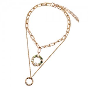 Crystal Floral Hoop Pendant Dual Layers High Fashion Women Statement Necklace - Green