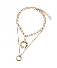 Crystal Floral Hoop Pendant Dual Layers High Fashion Women Statement Necklace - Green