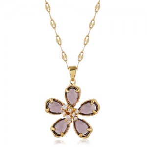 Sweet Korean Fashion Crystal Flower Pendant High Fashion Women Costume Necklace - Dark Brown