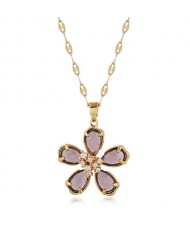 Sweet Korean Fashion Crystal Flower Pendant High Fashion Women Costume Necklace - Dark Brown