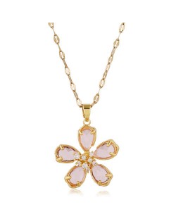 Sweet Korean Fashion Crystal Flower Pendant High Fashion Women Costume Necklace - Pink