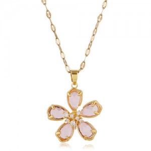 Sweet Korean Fashion Crystal Flower Pendant High Fashion Women Costume Necklace - Pink