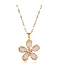 Sweet Korean Fashion Crystal Flower Pendant High Fashion Women Costume Necklace - Pink