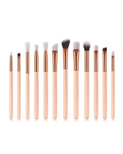 12 pcs Solid Color Wooden Handle High Fashion Women Cosmetic Makeup Brushes Set - Light Brown