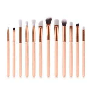 12 pcs Solid Color Wooden Handle High Fashion Women Cosmetic Makeup Brushes Set - Pink
