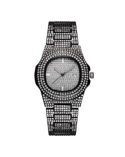 Rhinestone All-over Design Luxurious Shining Fashion Women Wrist Watches - Black