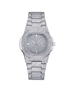 Rhinestone All-over Design Luxurious Shining Fashion Women Wrist Watches - Silver