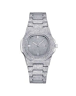 Rhinestone All-over Design Luxurious Shining Fashion Women Wrist Watches - Silver