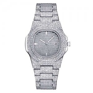 Rhinestone All-over Design Luxurious Shining Fashion Women Wrist Watches - Silver