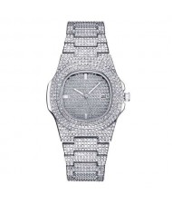 Rhinestone All-over Design Luxurious Shining Fashion Women Wrist Watches - Silver