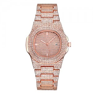 Rhinestone All-over Design Luxurious Shining Fashion Women Wrist Watches - Rose Gold