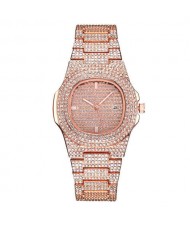Rhinestone All-over Design Luxurious Shining Fashion Women Wrist Watches - Rose Gold