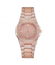 Rhinestone All-over Design Luxurious Shining Fashion Women Wrist Watches - Rose Gold