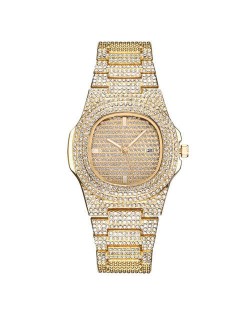 Rhinestone All-over Design Luxurious Shining Fashion Women Wrist Watches - Golden