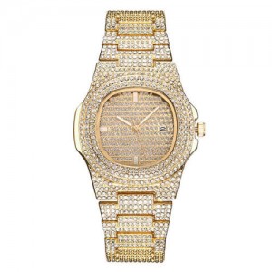 Rhinestone All-over Design Luxurious Shining Fashion Women Wrist Watches - Golden