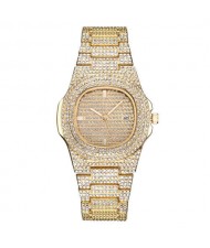 Rhinestone All-over Design Luxurious Shining Fashion Women Wrist Watches - Golden