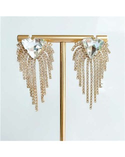 Triangular Rhinestone Embellished Shining Fashion Women Tassel Earrings - Golden