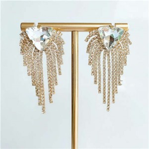 Triangular Rhinestone Embellished Shining Fashion Women Tassel Earrings - Golden