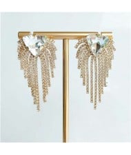 Triangular Rhinestone Embellished Shining Fashion Women Tassel Earrings - Golden