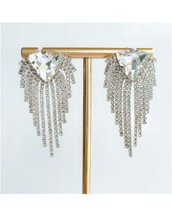 Triangular Rhinestone Embellished Shining Fashion Women Tassel Earrings - Silver