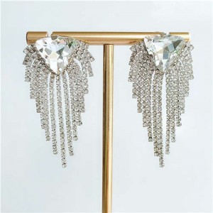 Triangular Rhinestone Embellished Shining Fashion Women Tassel Earrings - Silver