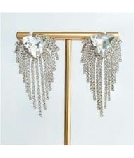 Triangular Rhinestone Embellished Shining Fashion Women Tassel Earrings - Silver