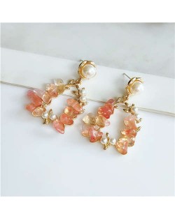 Vintage Graceful Fashion Floral Stone Hoop Women Stud Earrings - Pink