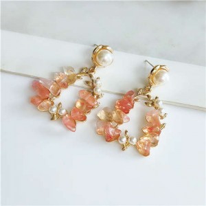 Vintage Graceful Fashion Floral Stone Hoop Women Stud Earrings - Pink