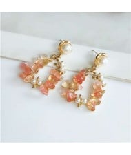 Vintage Graceful Fashion Floral Stone Hoop Women Stud Earrings - Pink