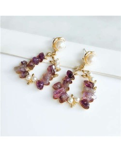 Vintage Graceful Fashion Floral Stone Hoop Women Stud Earrings - Purple