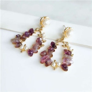 Vintage Graceful Fashion Floral Stone Hoop Women Stud Earrings - Purple