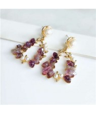 Vintage Graceful Fashion Floral Stone Hoop Women Stud Earrings - Purple