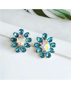 Rhinestone Shining Flower Design Internet Celebrity Preferred High Fashion Women Costume Earrings - Blue
