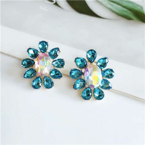 Rhinestone Shining Flower Design Internet Celebrity Preferred High Fashion Women Costume Earrings - Blue