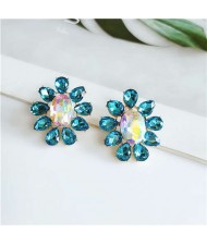 Rhinestone Shining Flower Design Internet Celebrity Preferred High Fashion Women Costume Earrings - Blue