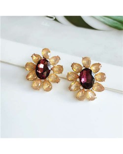 Rhinestone Shining Flower Design Internet Celebrity Preferred High Fashion Women Costume Earrings - Yellow
