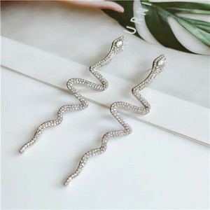 Shining Snake Rhinestone Fashion Women Costume Alloy Earrings - Silver