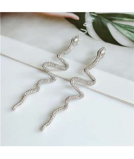 Shining Snake Rhinestone Fashion Women Costume Alloy Earrings - Silver