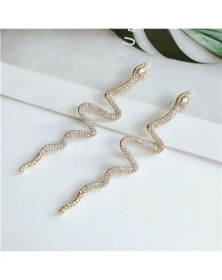 Shining Snake Rhinestone Fashion Women Costume Alloy Earrings - Golden