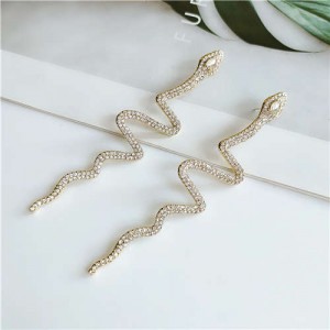Shining Snake Rhinestone Fashion Women Costume Alloy Earrings - Golden