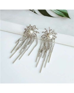 Vintage Bold Fashion Rhinestone Inlaid Tassel Women Stud Earrings - Silver