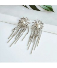 Vintage Bold Fashion Rhinestone Inlaid Tassel Women Stud Earrings - Silver